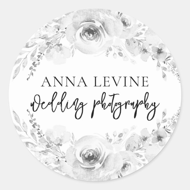 Elegant Black White Floral Border Business Name Classic Round Sticker (Front)
