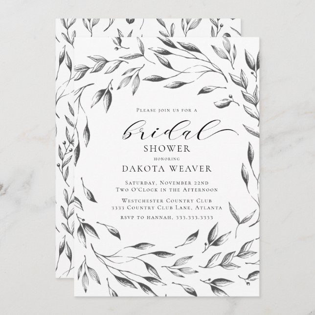 Elegant Black White Floral Botanical Bridal Shower Invitation (Front/Back)