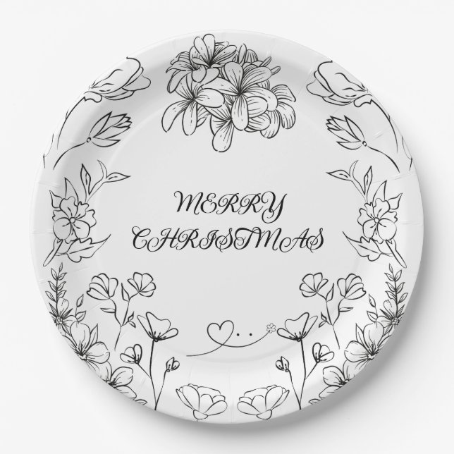 Elegant Black White Floral Christmas Plate (Front)