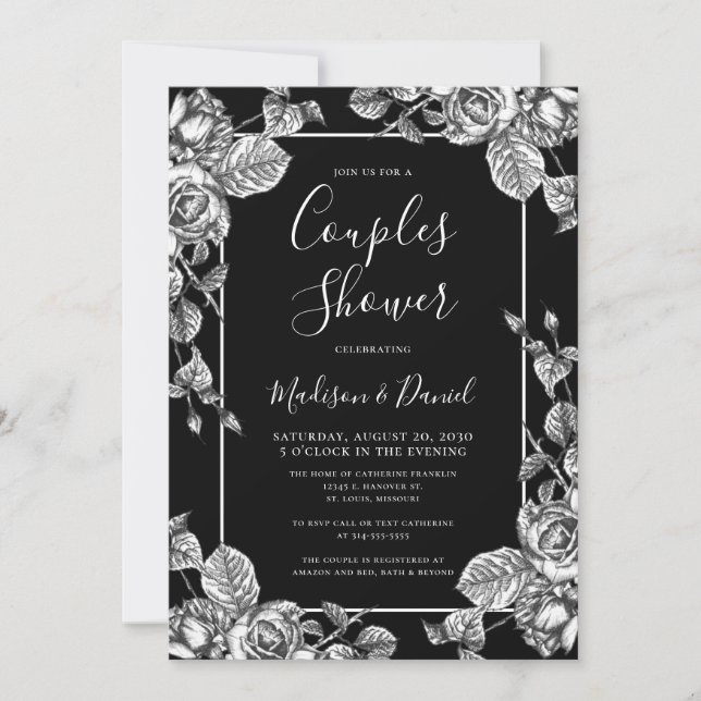 Elegant Black White Floral Couples Shower Invitation (Front)