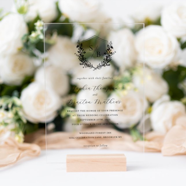 Elegant Black White Floral Crest Monogram Wedding Acrylic Invitations (Creator Uploaded)