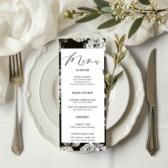 Elegant Black & White Floral Custom Wedding Dinner Menu (Creator Uploaded)