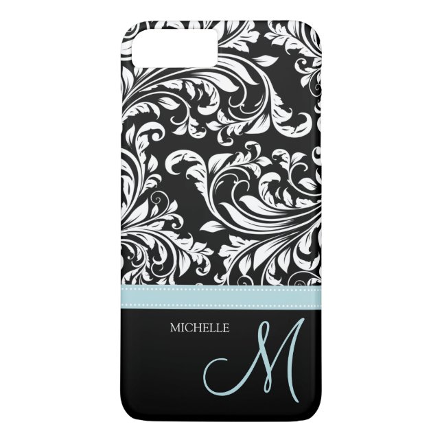 Elegant black & white floral damask with monogram Case-Mate iPhone case (Back)