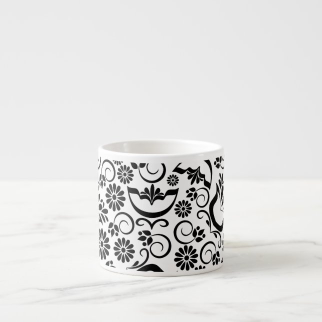 Elegant black white floral Espresso Mug (Front)