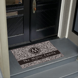 Elegant Black & White Floral Family Name & Date Doormat
