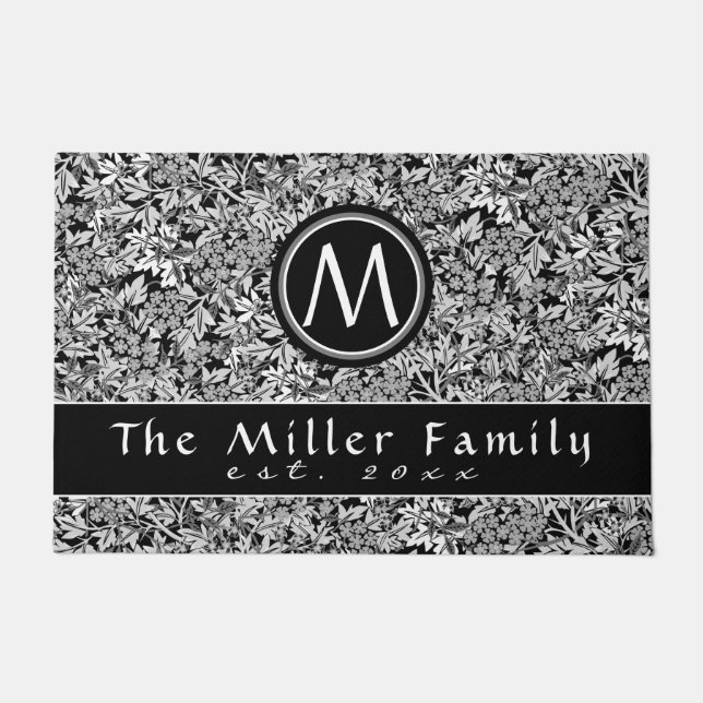 Elegant Black & White Floral | Family Name & Date Doormat (Front)