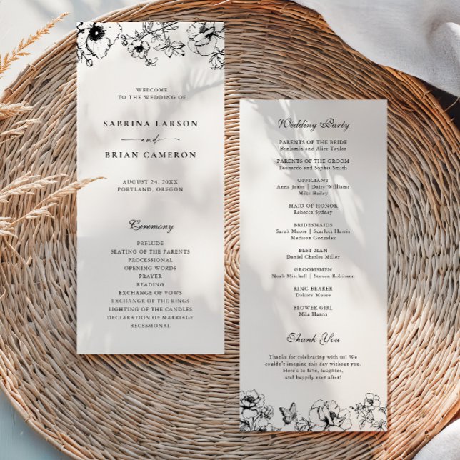 Elegant Black White Floral Garden Wedding Program Programme (Creator Uploaded)