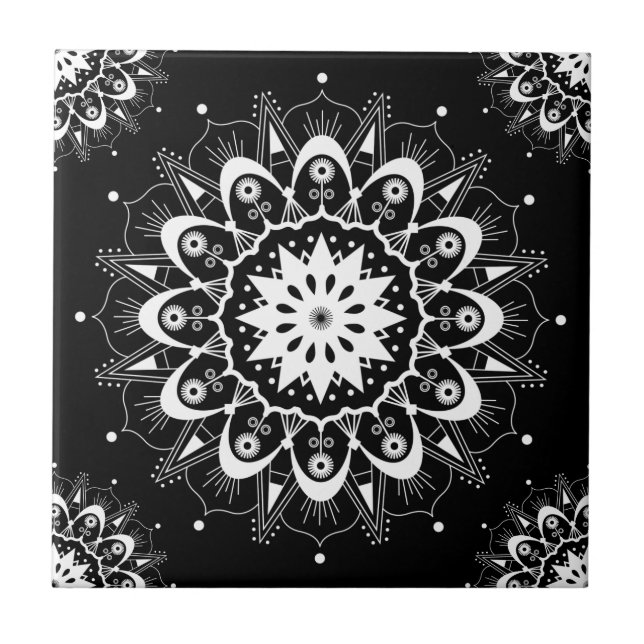 Elegant Black White Floral Geometric Mandala Tile (Front)