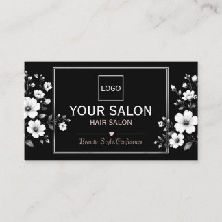 Elegant Black & White Floral Hair Salon Business Card