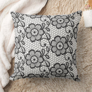 Elegant Black & White Floral Lace Pattern Cushion