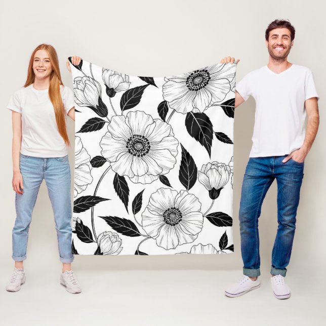 Elegant Black White Floral Line Art Pattern (1) Fleece Blanket (In Situ)