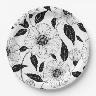 Elegant Black White Floral Line Art Pattern (1) Paper Plate
