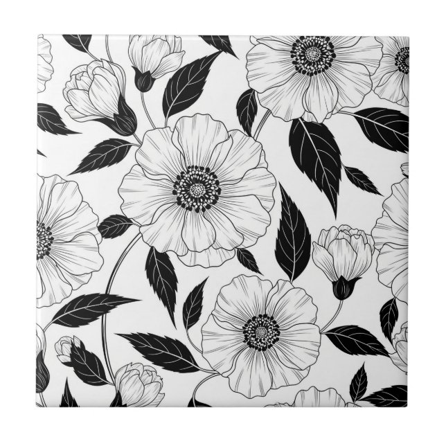 Elegant Black White Floral Line Art Pattern (1) Tile (Front)