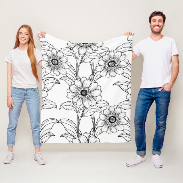 Elegant Black White Floral Line Art Pattern (2) Fleece Blanket (In Situ)
