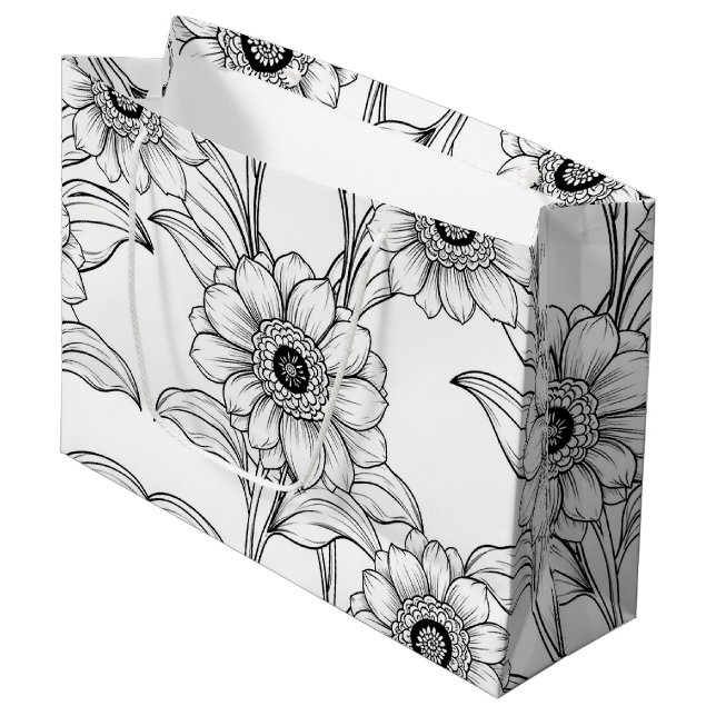 Elegant Black White Floral Line Art Pattern (2) Large Gift Bag (Front Angled)