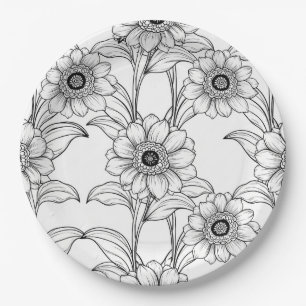 Elegant Black White Floral Line Art Pattern (2) Paper Plate