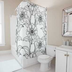 Elegant Black White Floral Line Art Pattern (2) Shower Curtain
