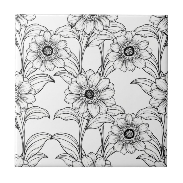 Elegant Black White Floral Line Art Pattern (2) Tile (Front)