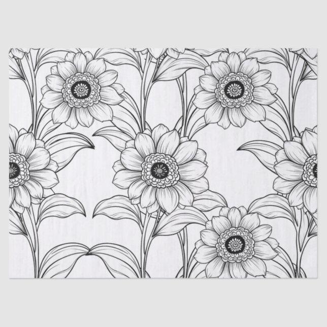 Elegant Black White Floral Line Art Pattern (2) Tissue Paper (Front)