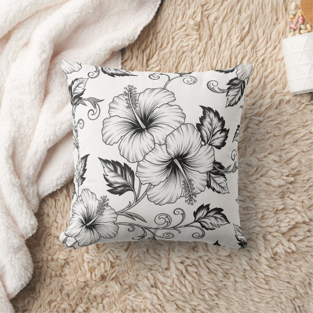 Elegant Black White Floral Line Art Pattern (3) Cushion (Blanket)