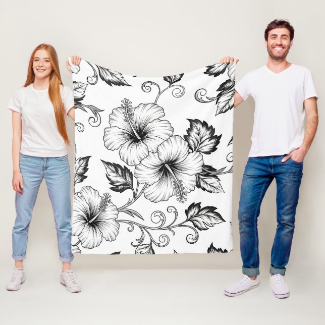 Elegant Black White Floral Line Art Pattern (3) Fleece Blanket (In Situ)