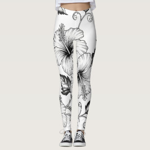 Elegant Black White Floral Line Art Pattern (3) Leggings