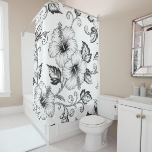 Elegant Black White Floral Line Art Pattern (3) Shower Curtain