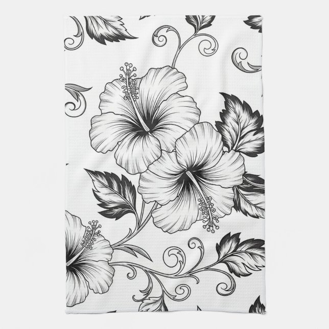 Elegant Black White Floral Line Art Pattern (3) Tea Towel (Vertical)