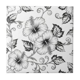 Elegant Black White Floral Line Art Pattern (3) Tile