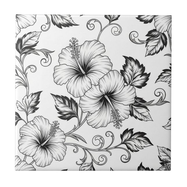 Elegant Black White Floral Line Art Pattern (3) Tile (Front)