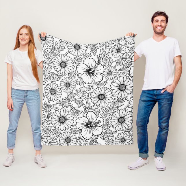Elegant Black White Floral Line Art Pattern (4) Fleece Blanket (In Situ)