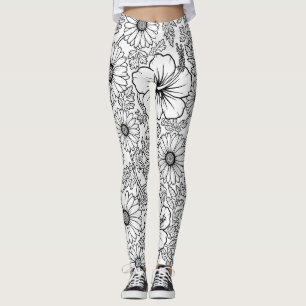 Elegant Black White Floral Line Art Pattern (4) Leggings