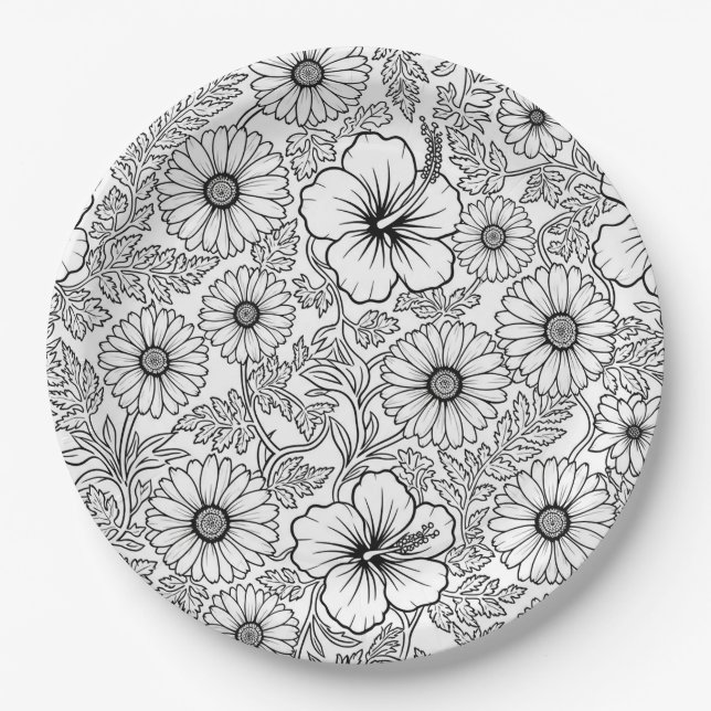 Elegant Black White Floral Line Art Pattern (4) Paper Plate (Front)