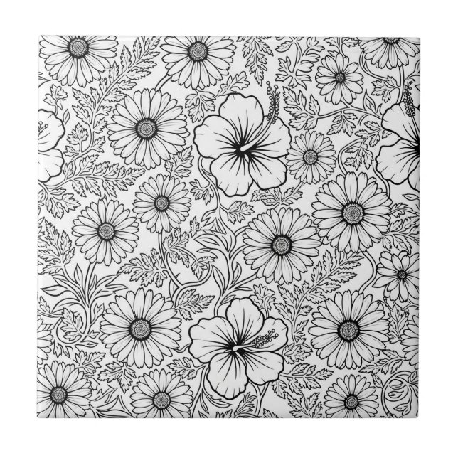 Elegant Black White Floral Line Art Pattern (4) Tile (Front)