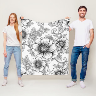 Elegant Black White Floral Line Art Pattern (5) Fleece Blanket