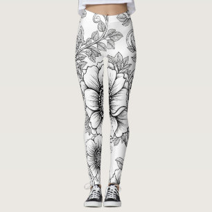Elegant Black White Floral Line Art Pattern (5) Leggings