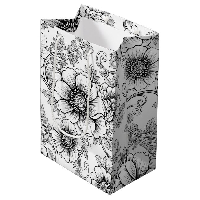 Elegant Black White Floral Line Art Pattern (5) Medium Gift Bag (Front Angled)