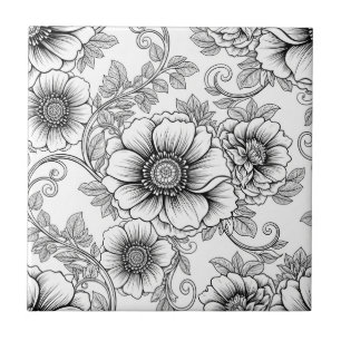 Elegant Black White Floral Line Art Pattern (5) Tile