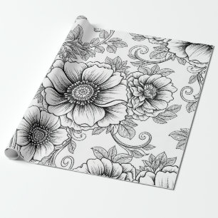 Elegant Black White Floral Line Art Pattern (5) Wrapping Paper