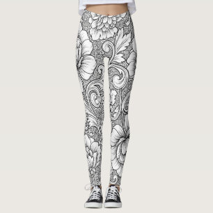 Elegant Black White Floral Line Art Pattern (6) Leggings