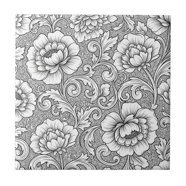 Elegant Black White Floral Line Art Pattern (6) Tile (Front)