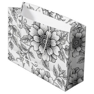 Elegant Black White Floral Line Art Pattern (7) Large Gift Bag