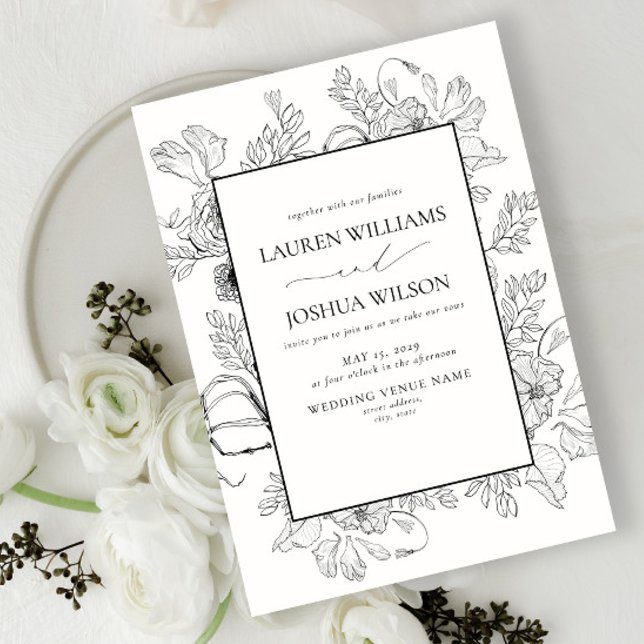Elegant Black White Floral Line Art Wedding  Invitation (Creator Uploaded)