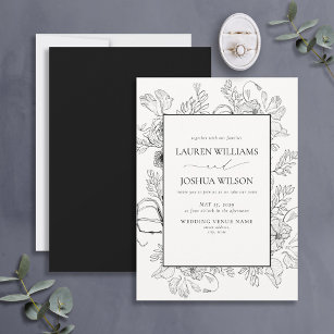 Elegant Black White Floral Line Art Wedding  Invitation