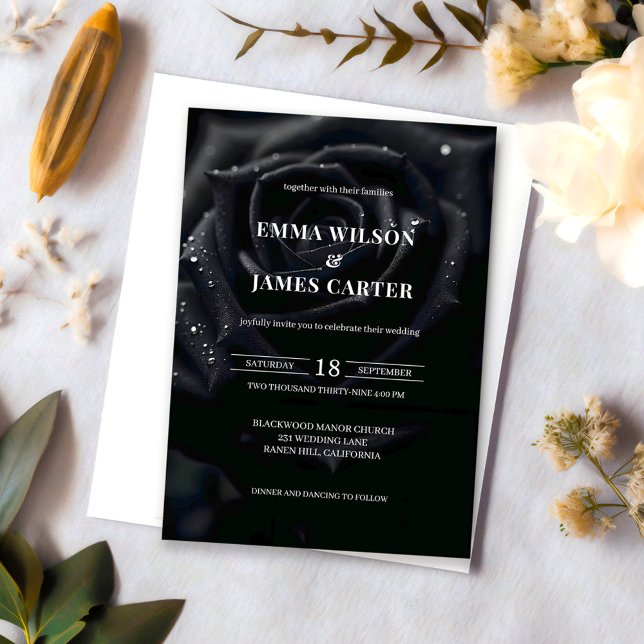 Elegant Black & White Floral Midnight Rose Wedding Invitation (Creator Uploaded)