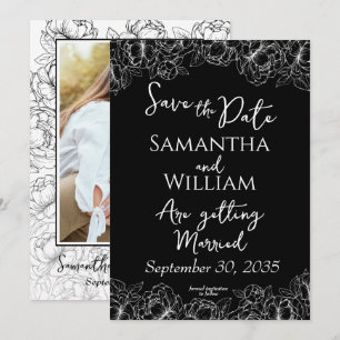 Elegant Black White Floral Modern Photo Wedding Save The Date