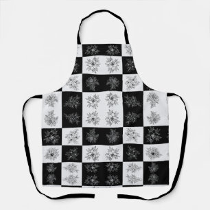 Elegant Black & White Floral Monochrome Chequered Apron
