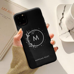 Elegant Black & White Floral Monogram iPhone 15 Case