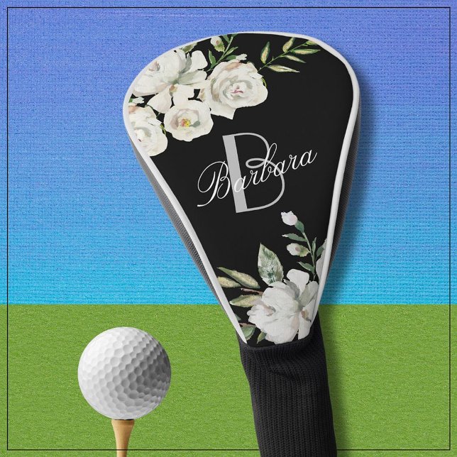 Elegant Black & White Floral Monogram Name Golf Head Cover (Creator Uploaded)