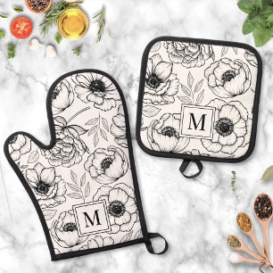Elegant Black White Floral Monogram Oven Mitt & Pot Holder Set